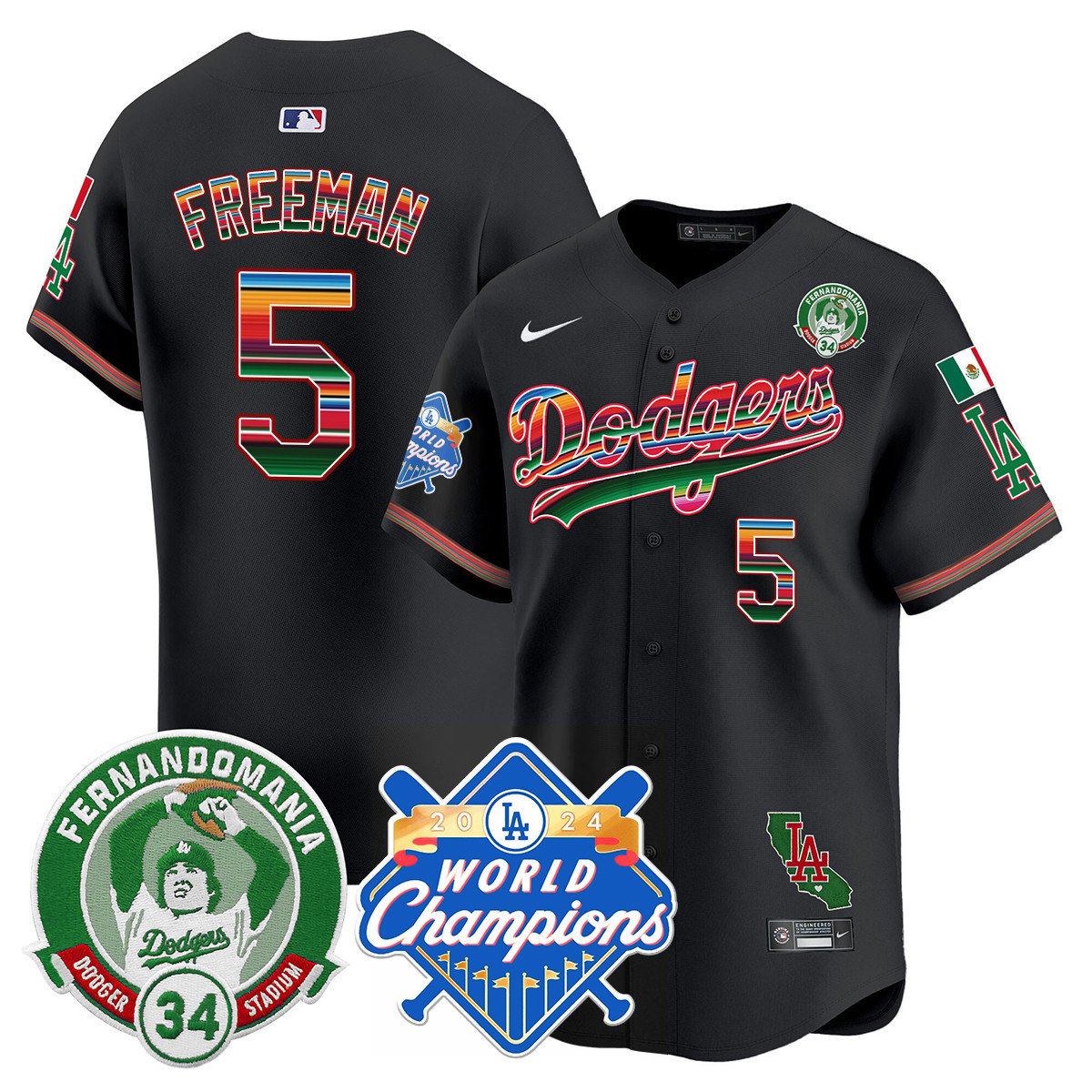 Men's Dodgers Mexico Fernando Memorial & 2024 World Series Champions Patch Jersey - All Stitched