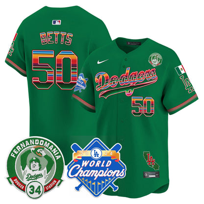 Men's Dodgers Mexico Fernando Memorial & 2024 World Series Champions Patch Jersey - All Stitched