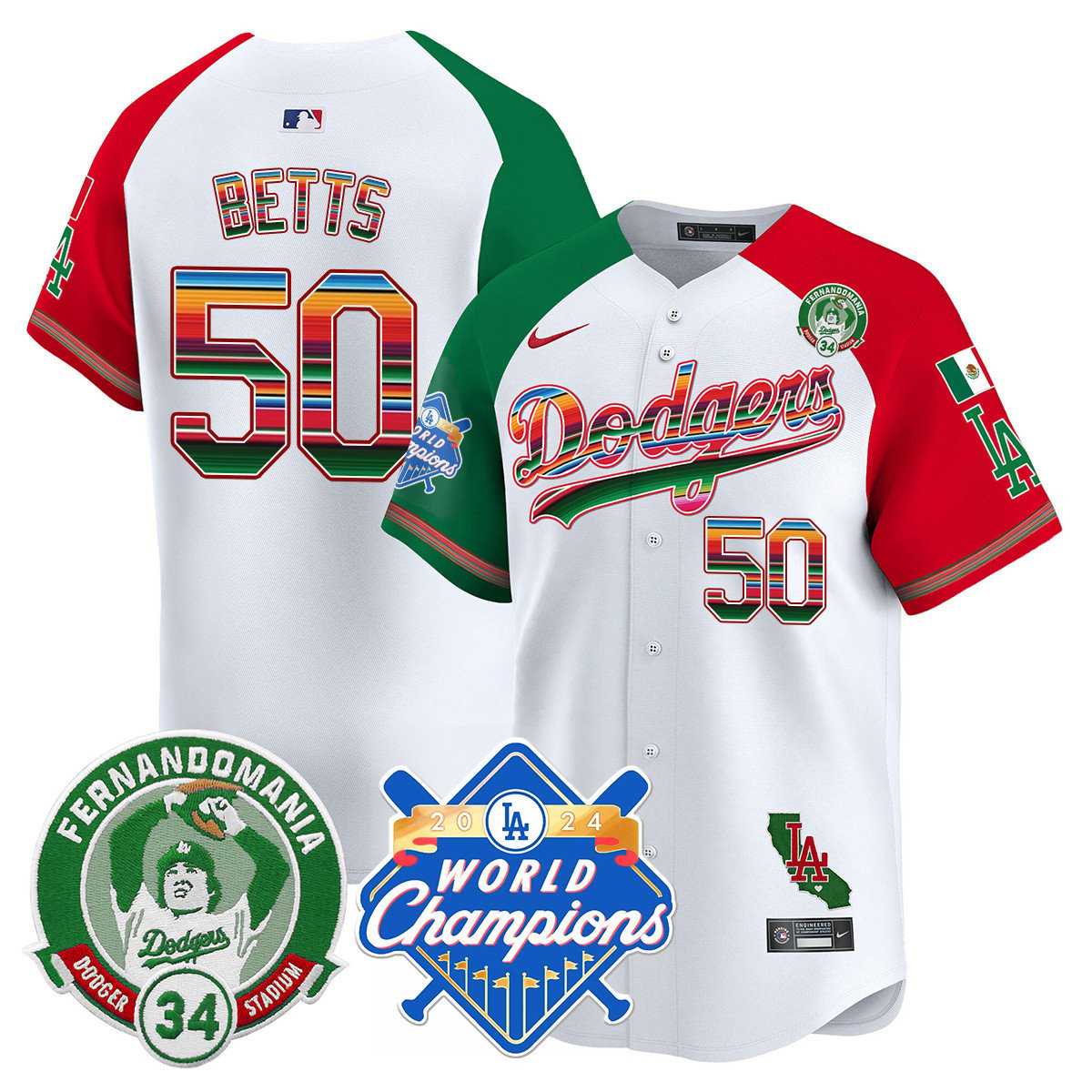 Men's Dodgers Mexico Fernando Memorial & 2024 World Series Champions Patch Jersey - All Stitched