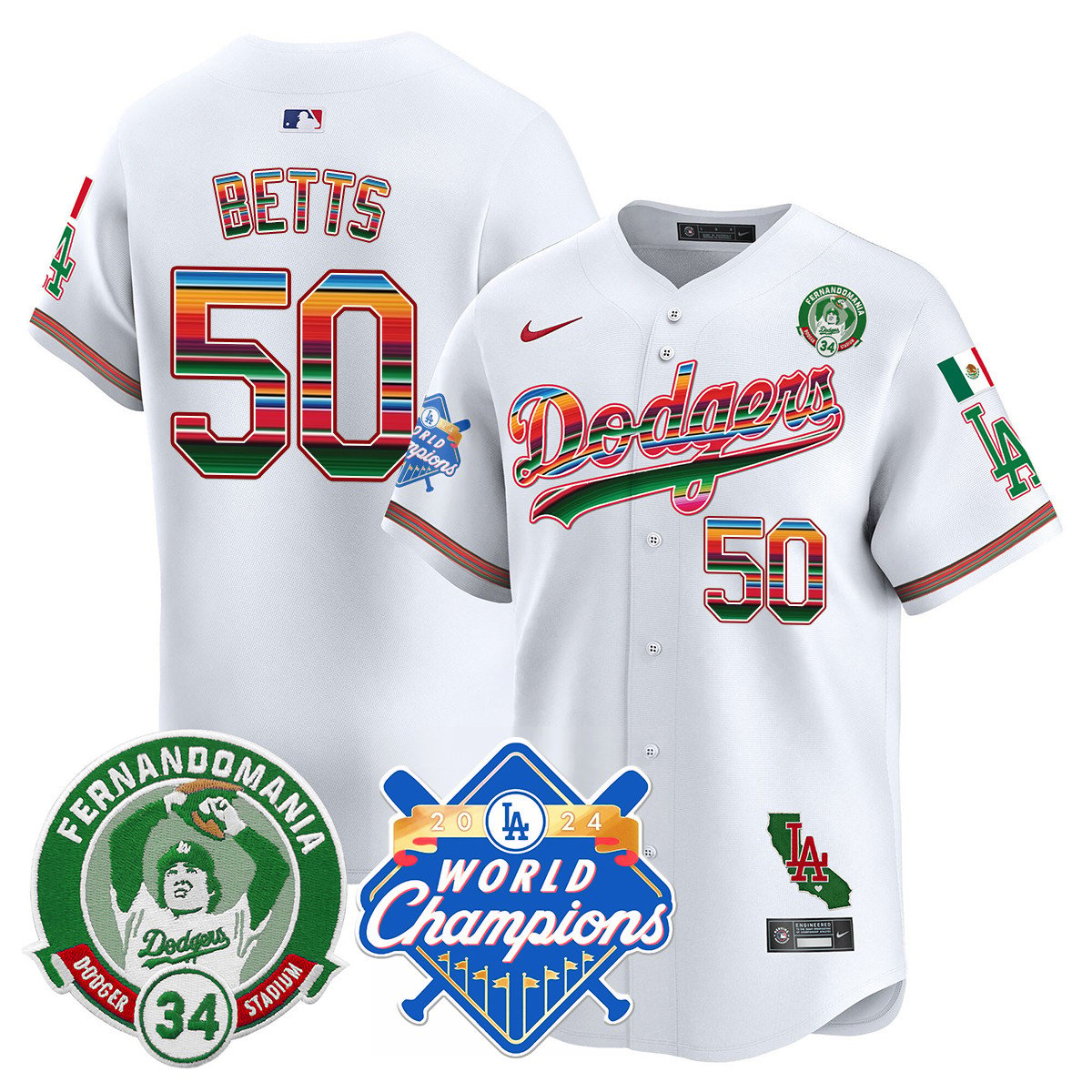 Men's Dodgers Mexico Fernando Memorial & 2024 World Series Champions Patch Jersey - All Stitched