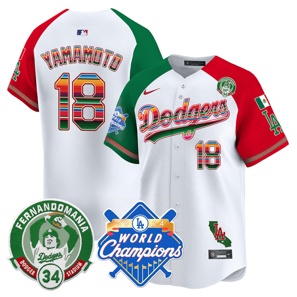 Men's Dodgers Mexico Fernando Memorial & 2024 World Series Champions Patch Jersey - All Stitched