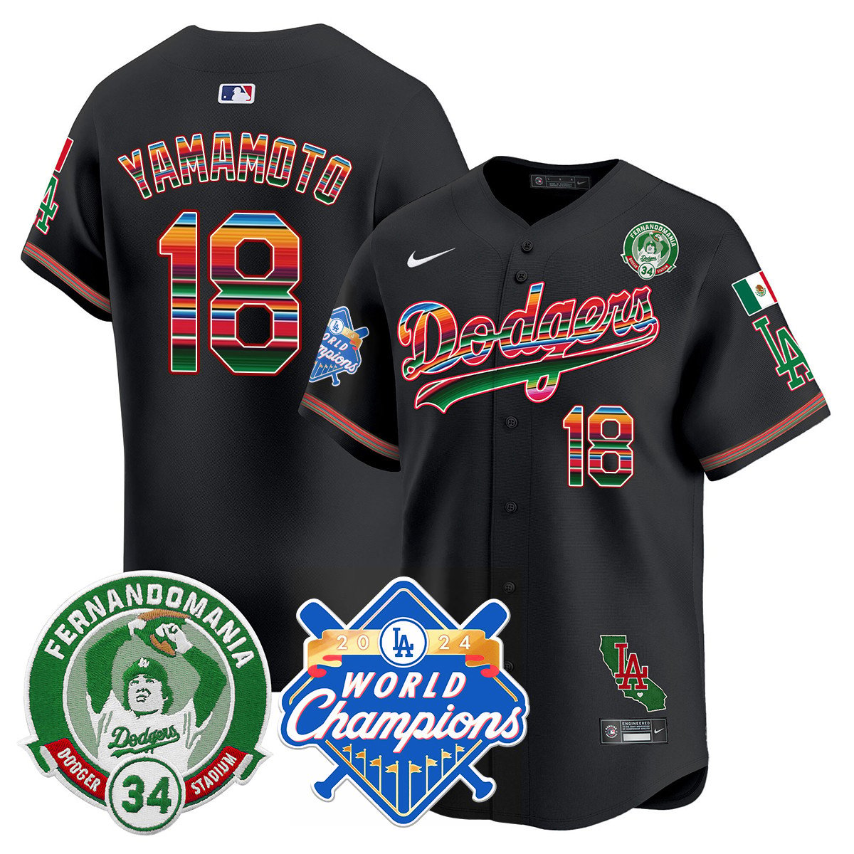 Men's Dodgers Mexico Fernando Memorial & 2024 World Series Champions Patch Jersey - All Stitched