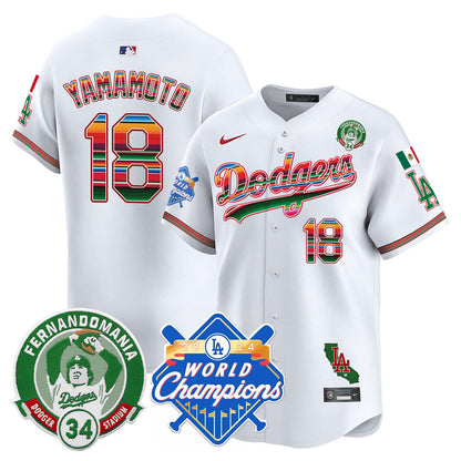 Men's Dodgers Mexico Fernando Memorial & 2024 World Series Champions Patch Jersey - All Stitched