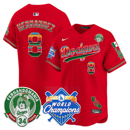 Men's Dodgers Mexico Fernando Memorial & 2024 World Series Champions Patch Jersey - All Stitched