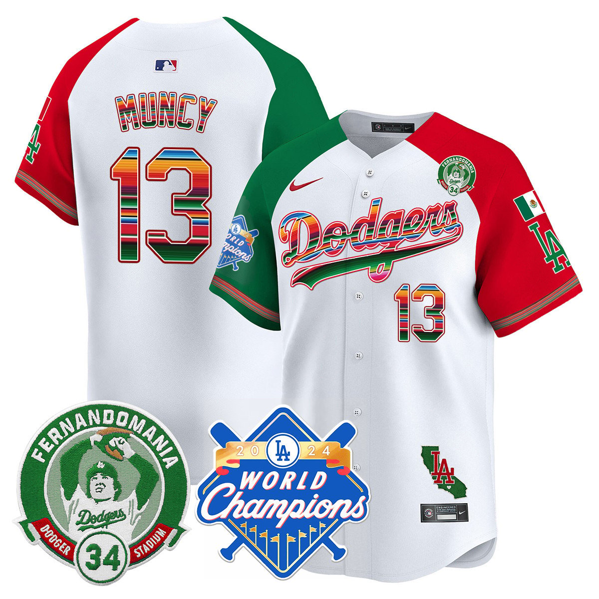 Men's Dodgers Mexico Fernando Memorial & 2024 World Series Champions Patch Jersey - All Stitched