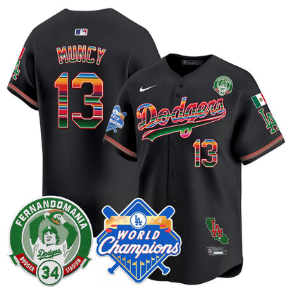 Men's Dodgers Mexico Fernando Memorial & 2024 World Series Champions Patch Jersey - All Stitched