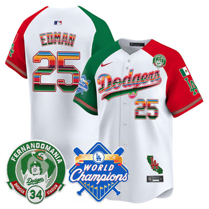 Men's Dodgers Mexico Fernando Memorial & 2024 World Series Champions Patch Jersey - All Stitched