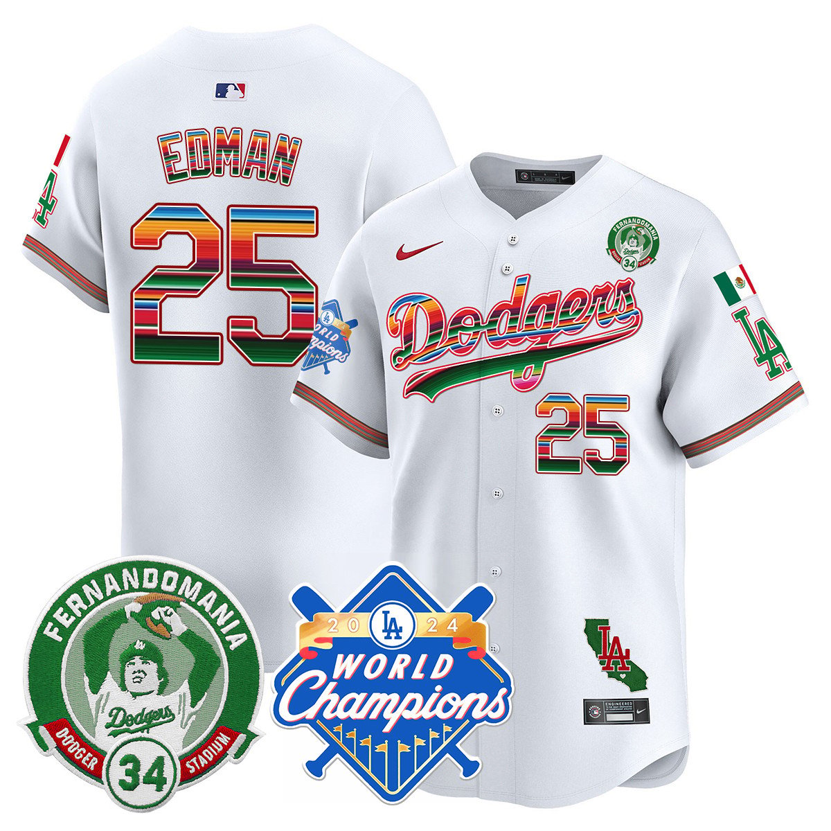 Men's Dodgers Mexico Fernando Memorial & 2024 World Series Champions Patch Jersey - All Stitched