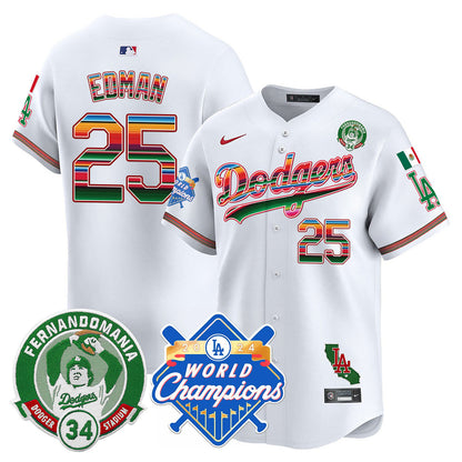 Men's Dodgers Mexico Fernando Memorial & 2024 World Series Champions Patch Jersey - All Stitched