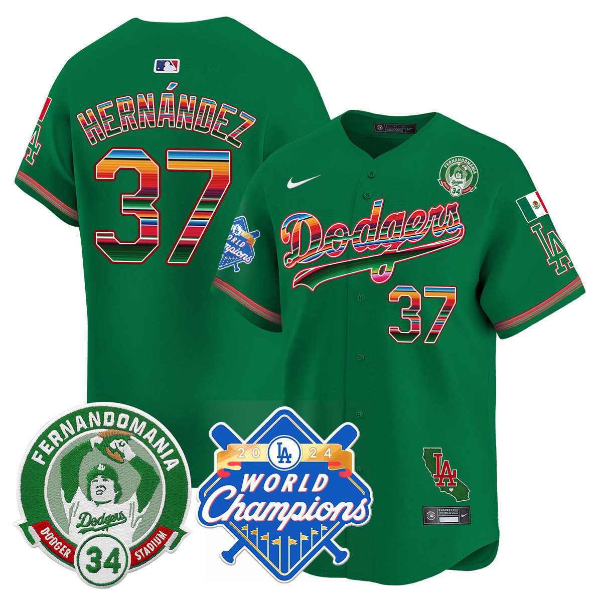 Men's Dodgers Mexico Fernando Memorial & 2024 World Series Champions Patch Jersey - All Stitched