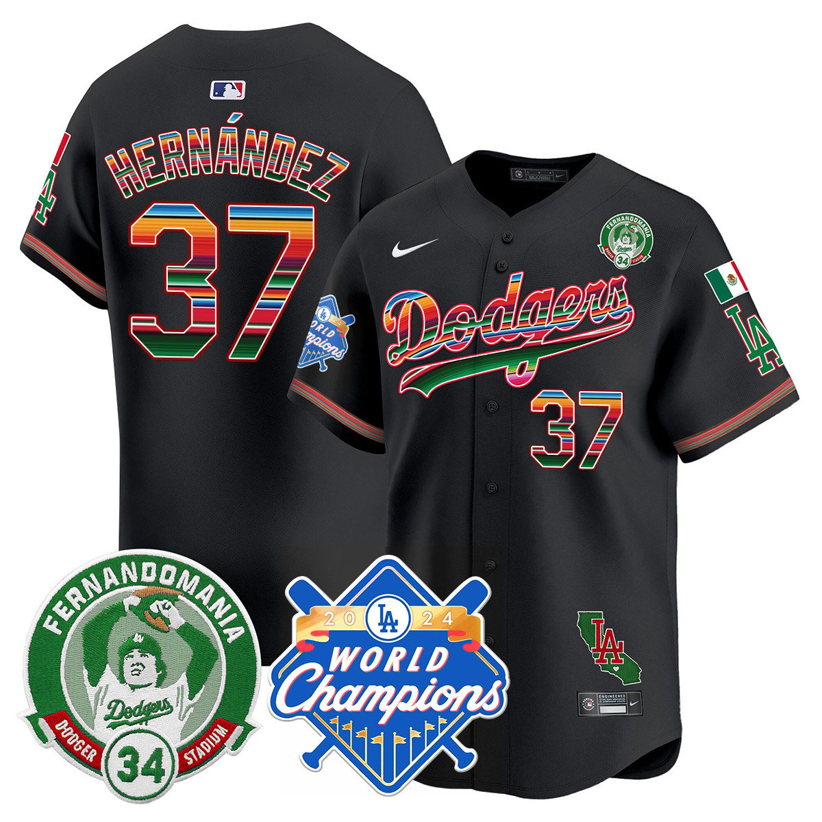 Men's Dodgers Mexico Fernando Memorial & 2024 World Series Champions Patch Jersey - All Stitched