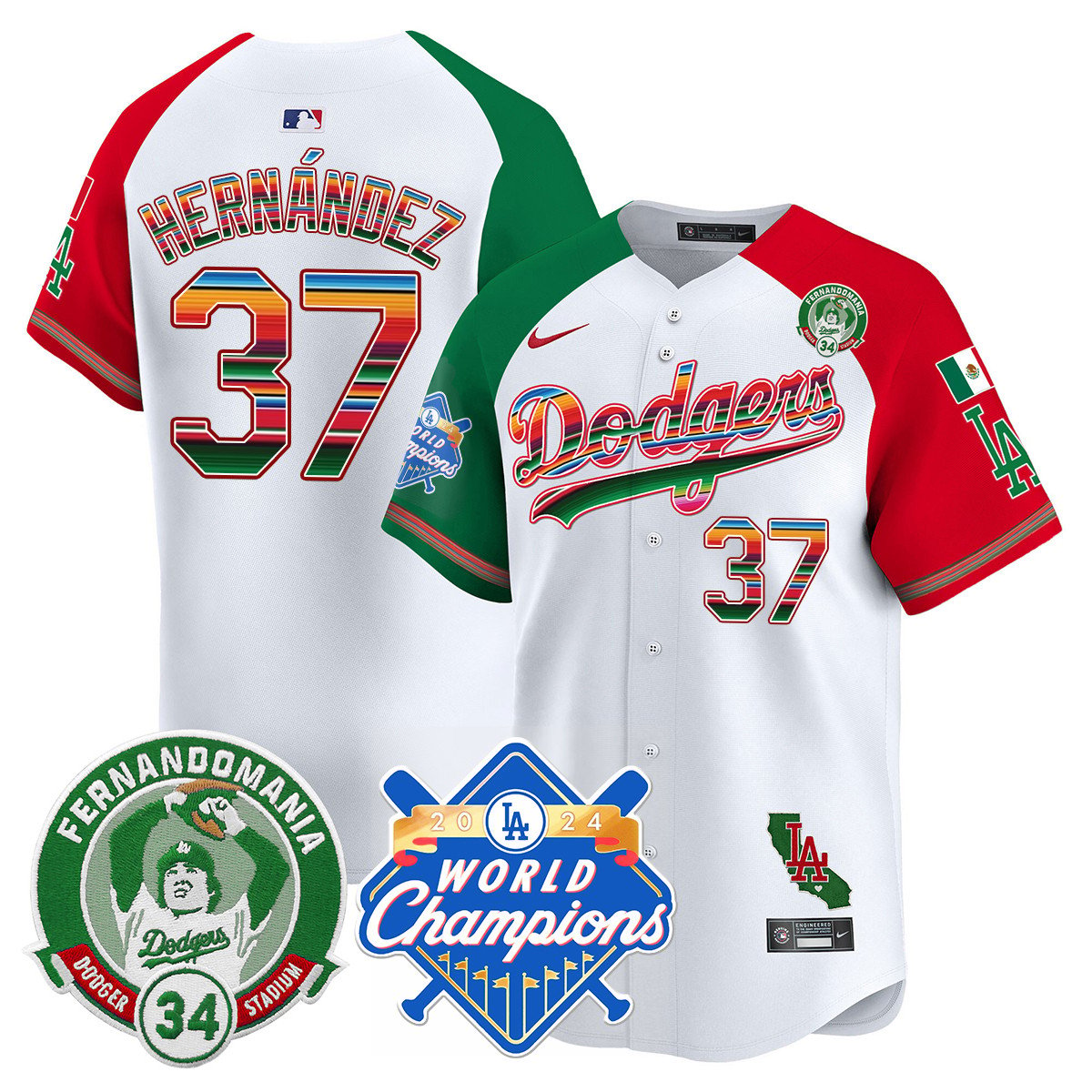 Men's Dodgers Mexico Fernando Memorial & 2024 World Series Champions Patch Jersey - All Stitched