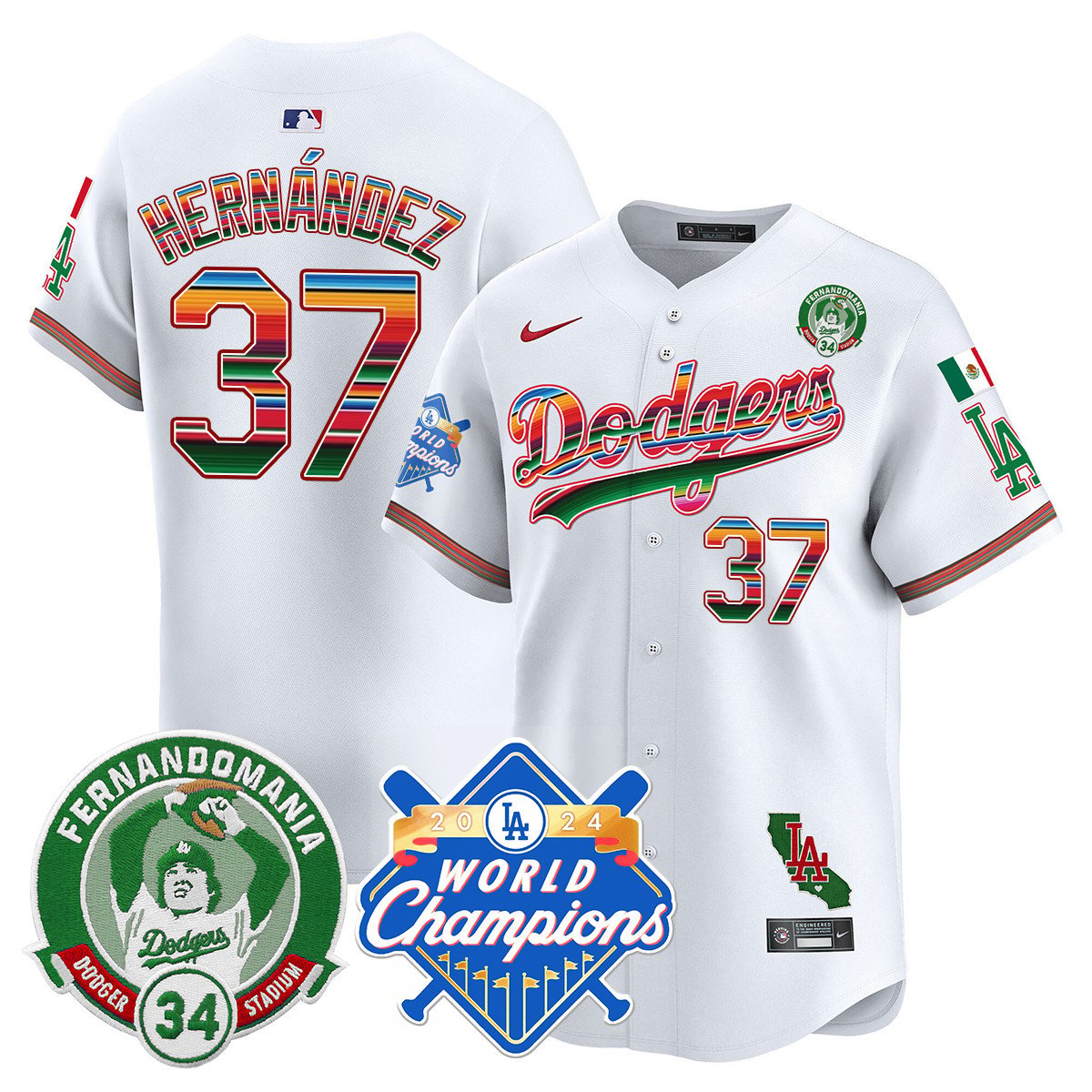 Men's Dodgers Mexico Fernando Memorial & 2024 World Series Champions Patch Jersey - All Stitched