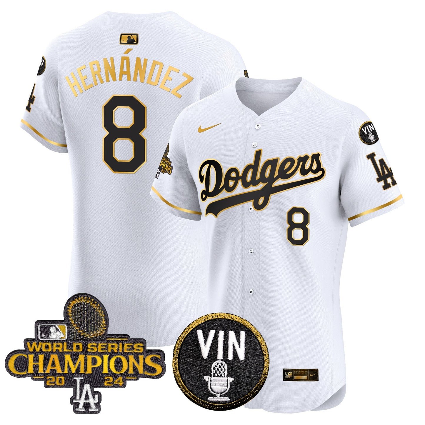 Dodgers 2024 World Series Champions Gold Trim Vapor Premier Elite Jersey - All Stitched