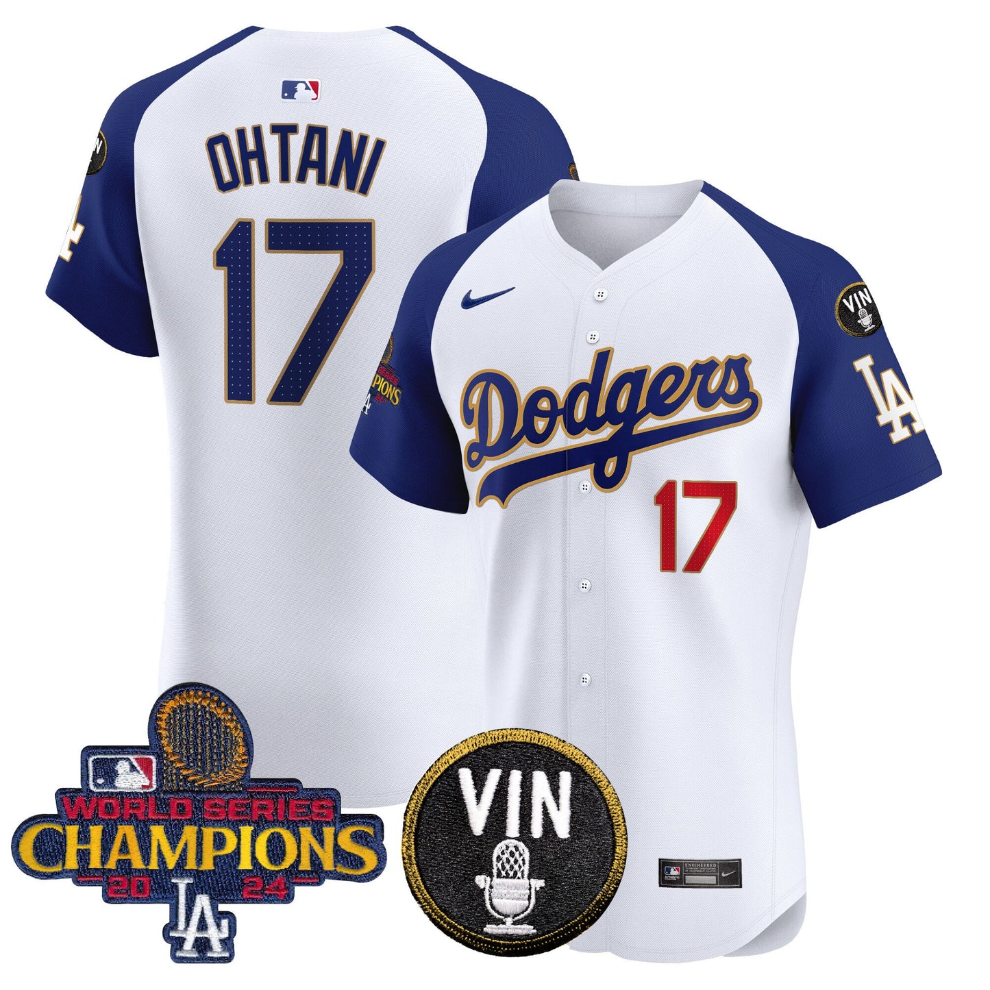 Dodgers 2024 World Series Champions Gold Trim Vapor Premier Elite Jersey - All Stitched