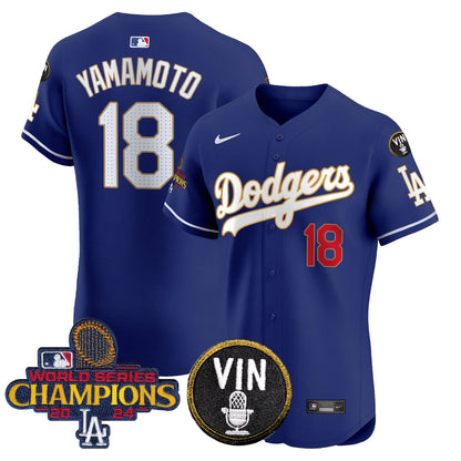 Dodgers 2024 World Series Champions Gold Trim Vapor Premier Elite Jersey - All Stitched