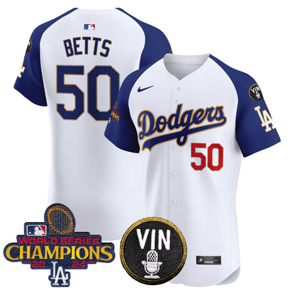 Dodgers 2024 World Series Champions Gold Trim Vapor Premier Elite Jersey - All Stitched