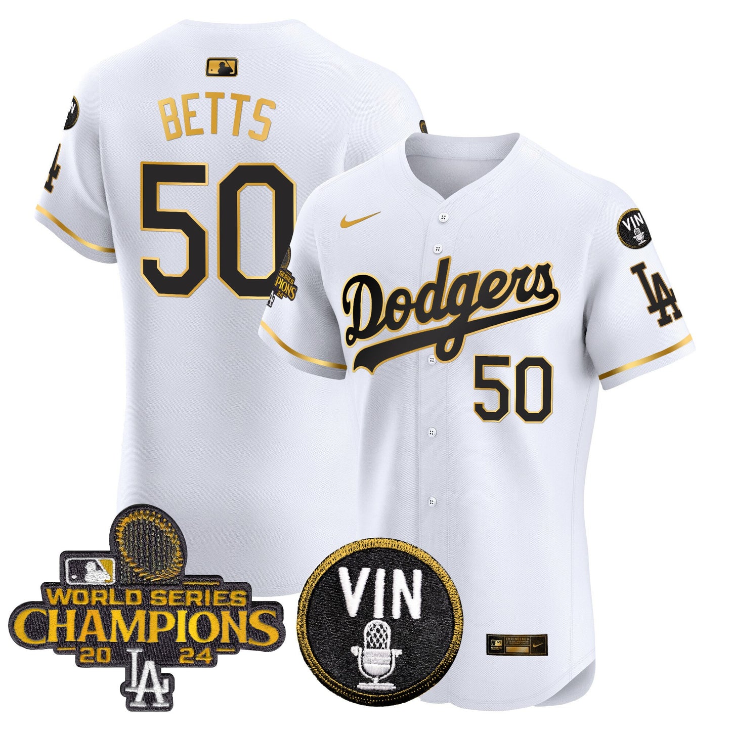 Dodgers 2024 World Series Champions Gold Trim Vapor Premier Elite Jersey - All Stitched