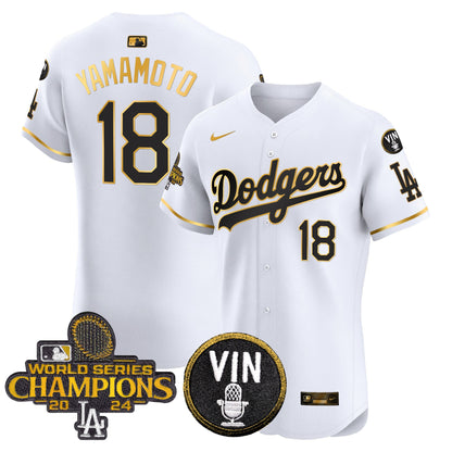 Dodgers 2024 World Series Champions Gold Trim Vapor Premier Elite Jersey - All Stitched