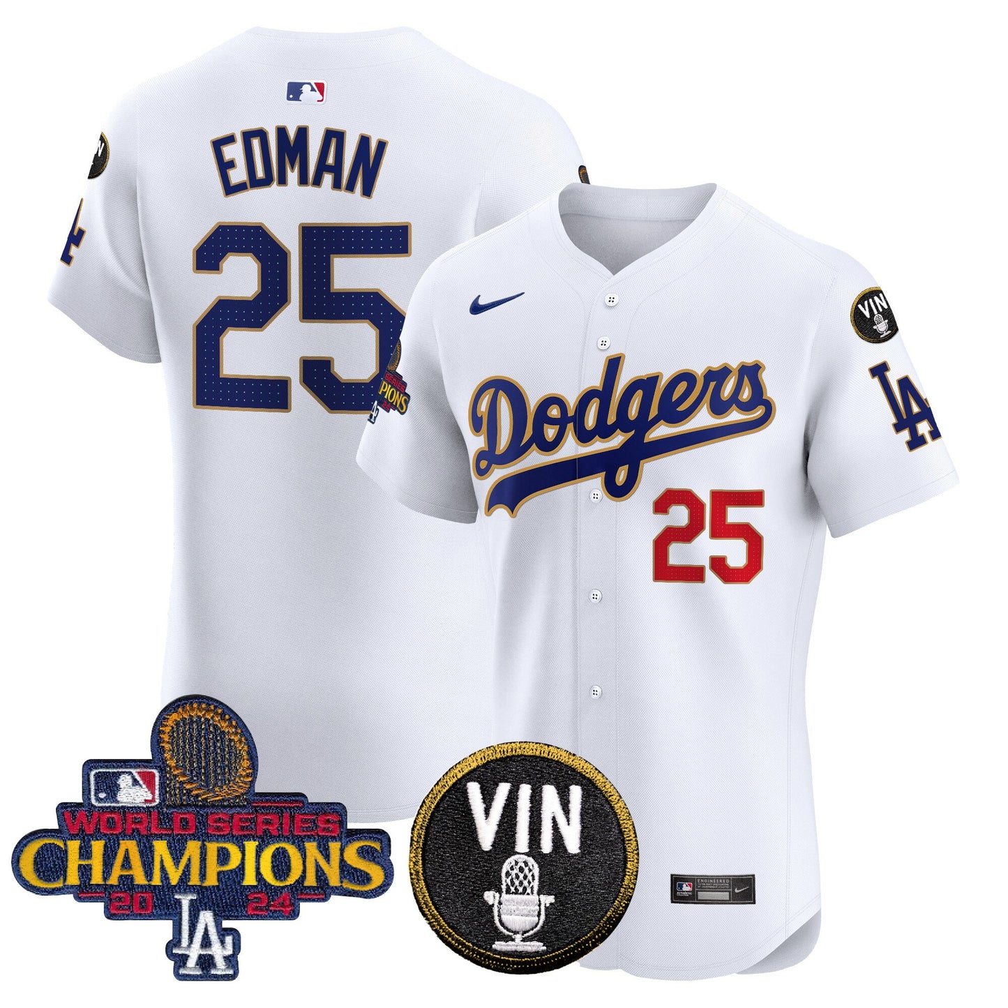 Dodgers 2024 World Series Champions Gold Trim Vapor Premier Elite Jersey - All Stitched