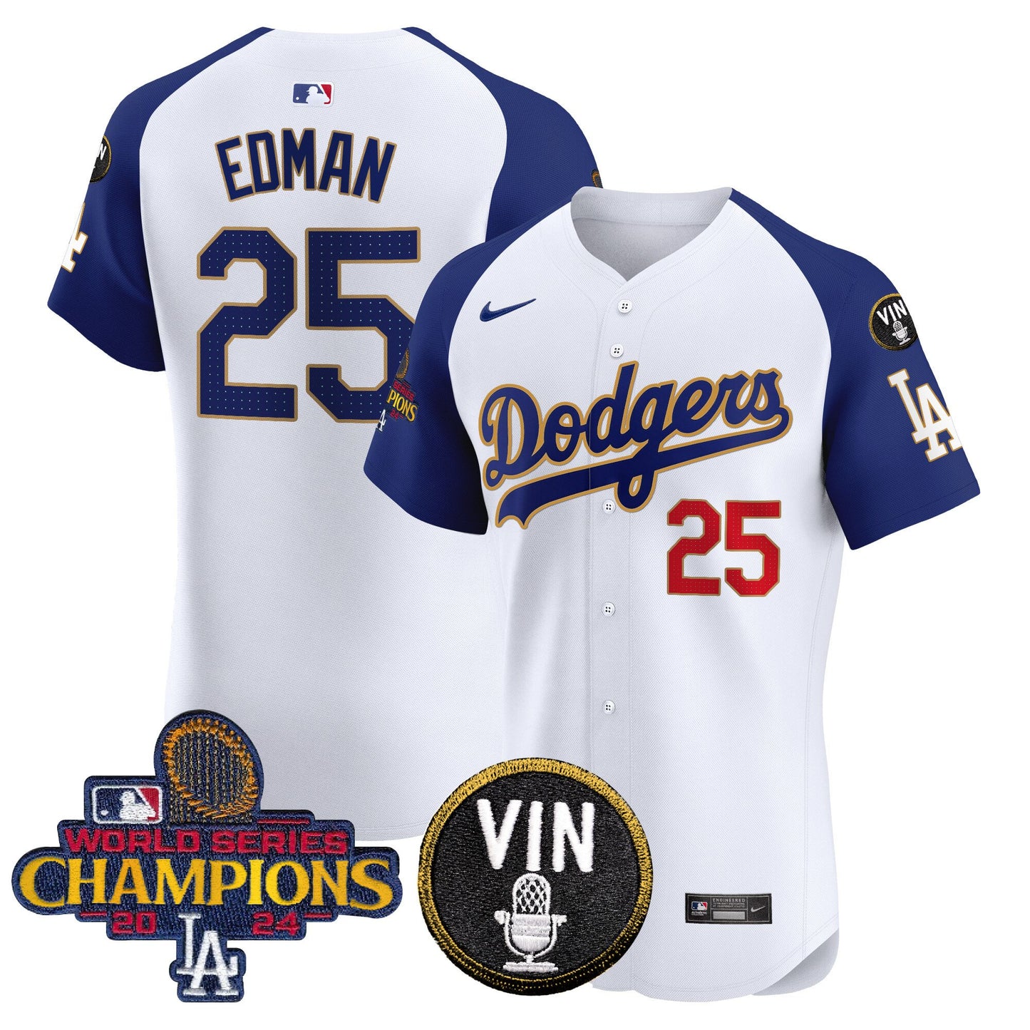 Dodgers 2024 World Series Champions Gold Trim Vapor Premier Elite Jersey - All Stitched