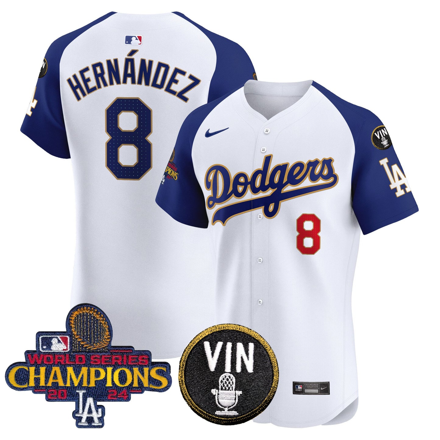 Dodgers 2024 World Series Champions Gold Trim Vapor Premier Elite Jersey - All Stitched