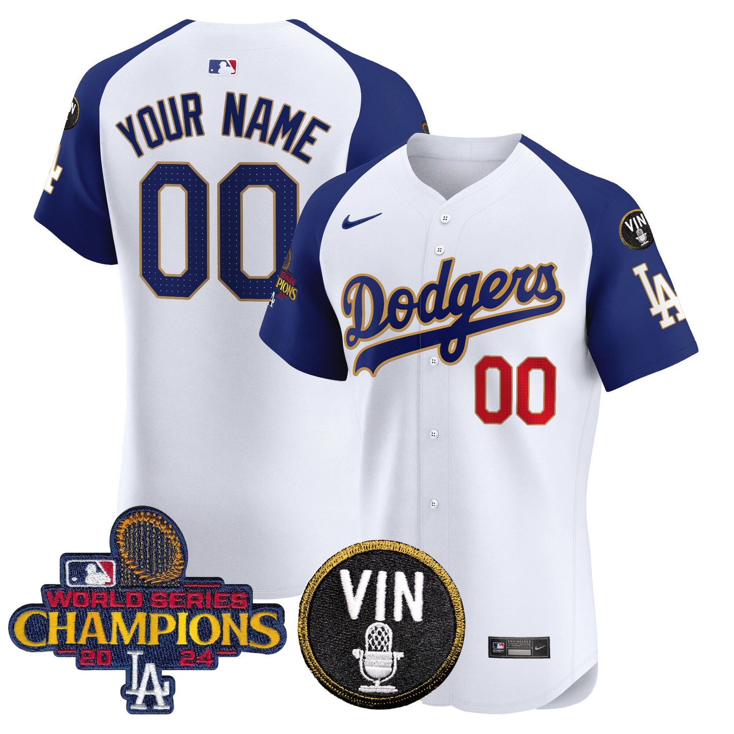 Dodgers 2024 World Series Champions Gold Trim Vapor Premier Elite Custom Jersey - All Stitched