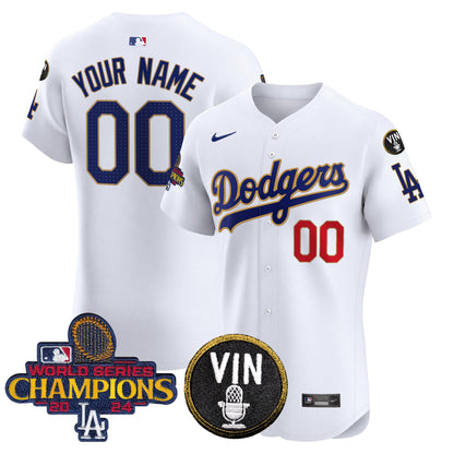 Dodgers 2024 World Series Champions Gold Trim Vapor Premier Elite Custom Jersey - All Stitched