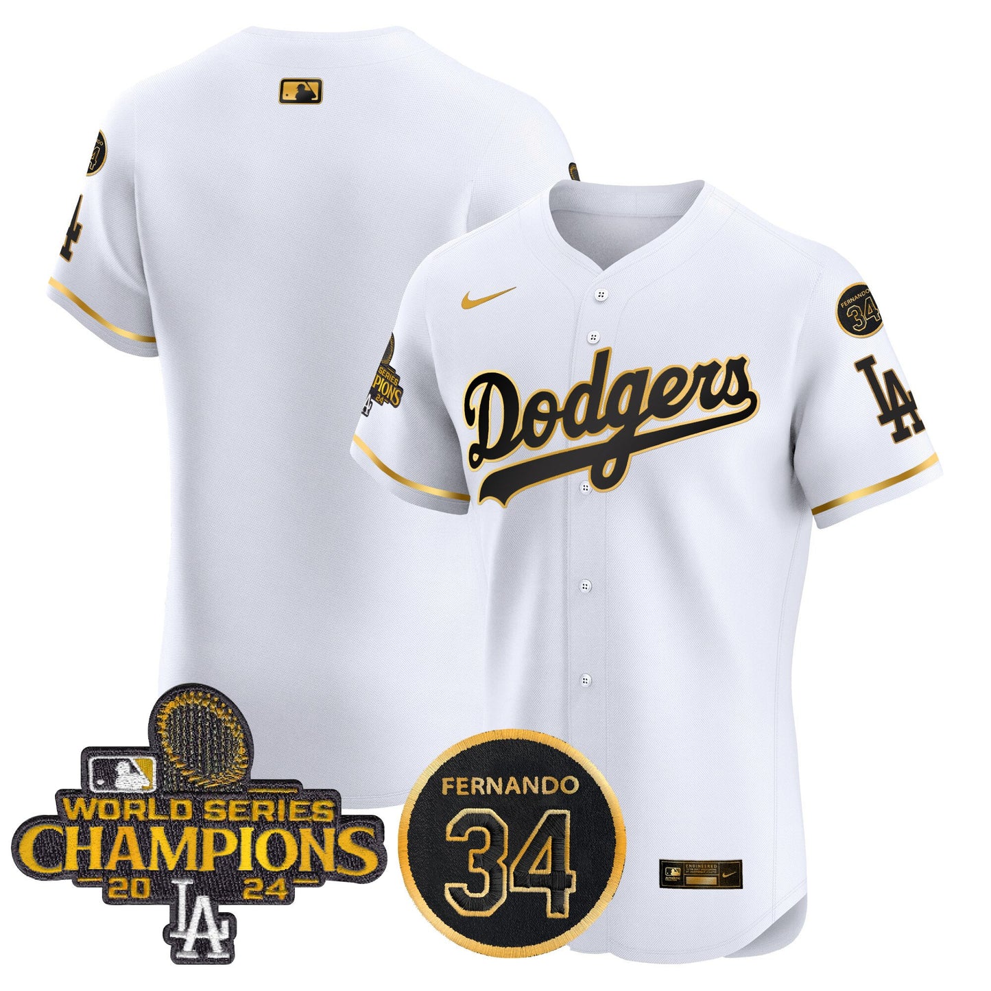 Dodgers 2024 World Series Champions Gold Trim Vapor Premier Elite Jersey V2 - All Stitched