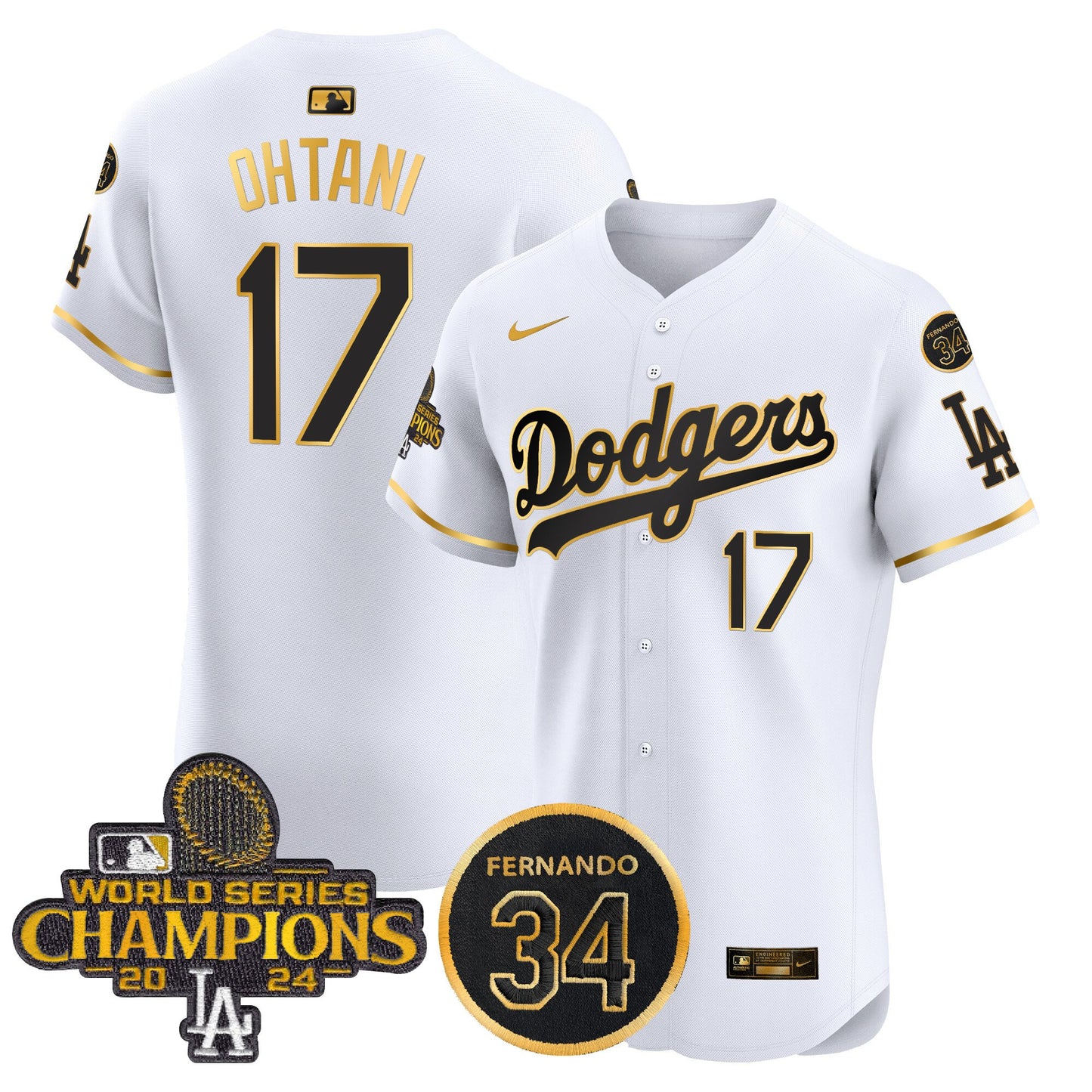 Dodgers 2024 World Series Champions Gold Trim Vapor Premier Elite Jersey V2 - All Stitched