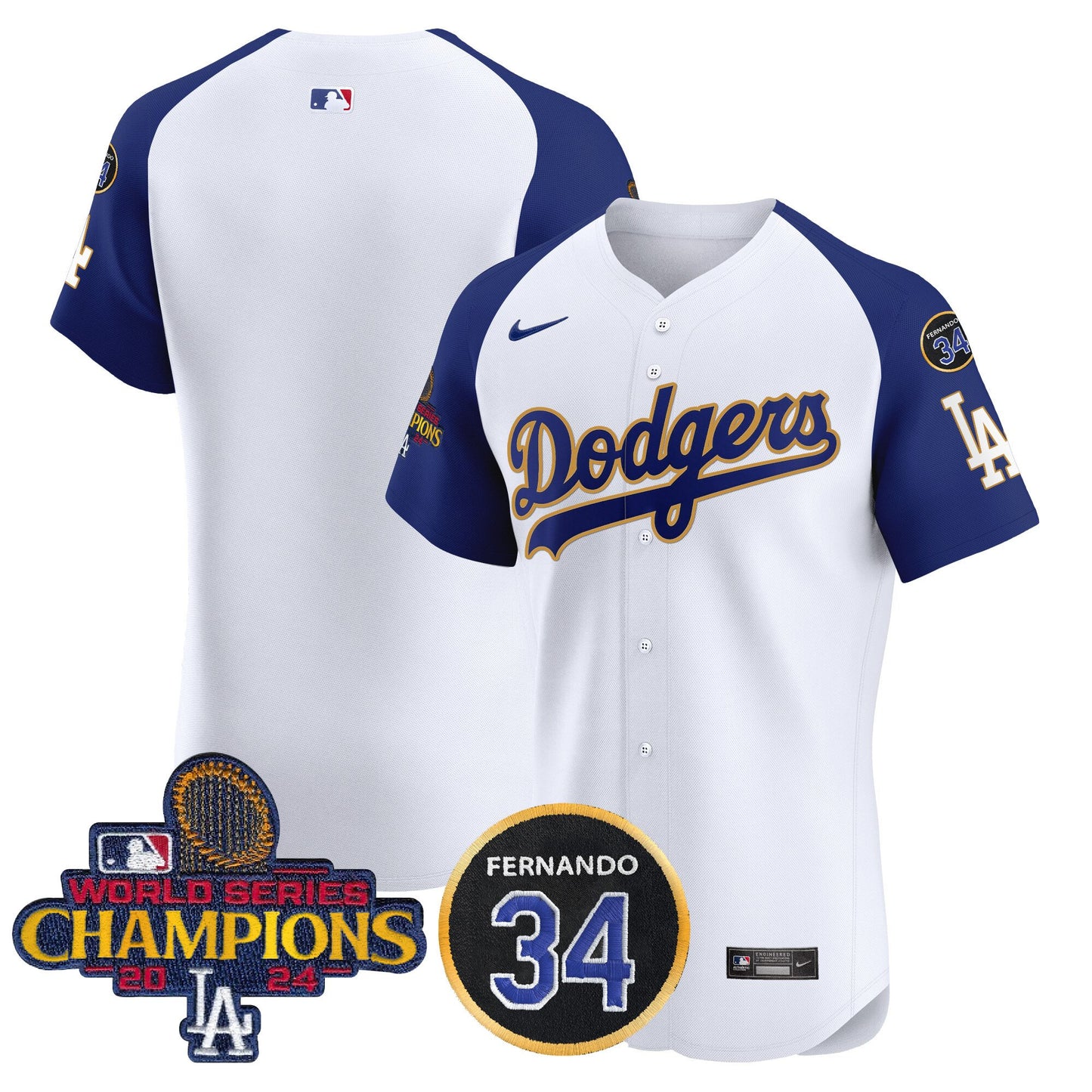 Dodgers 2024 World Series Champions Gold Trim Vapor Premier Elite Jersey V2 - All Stitched