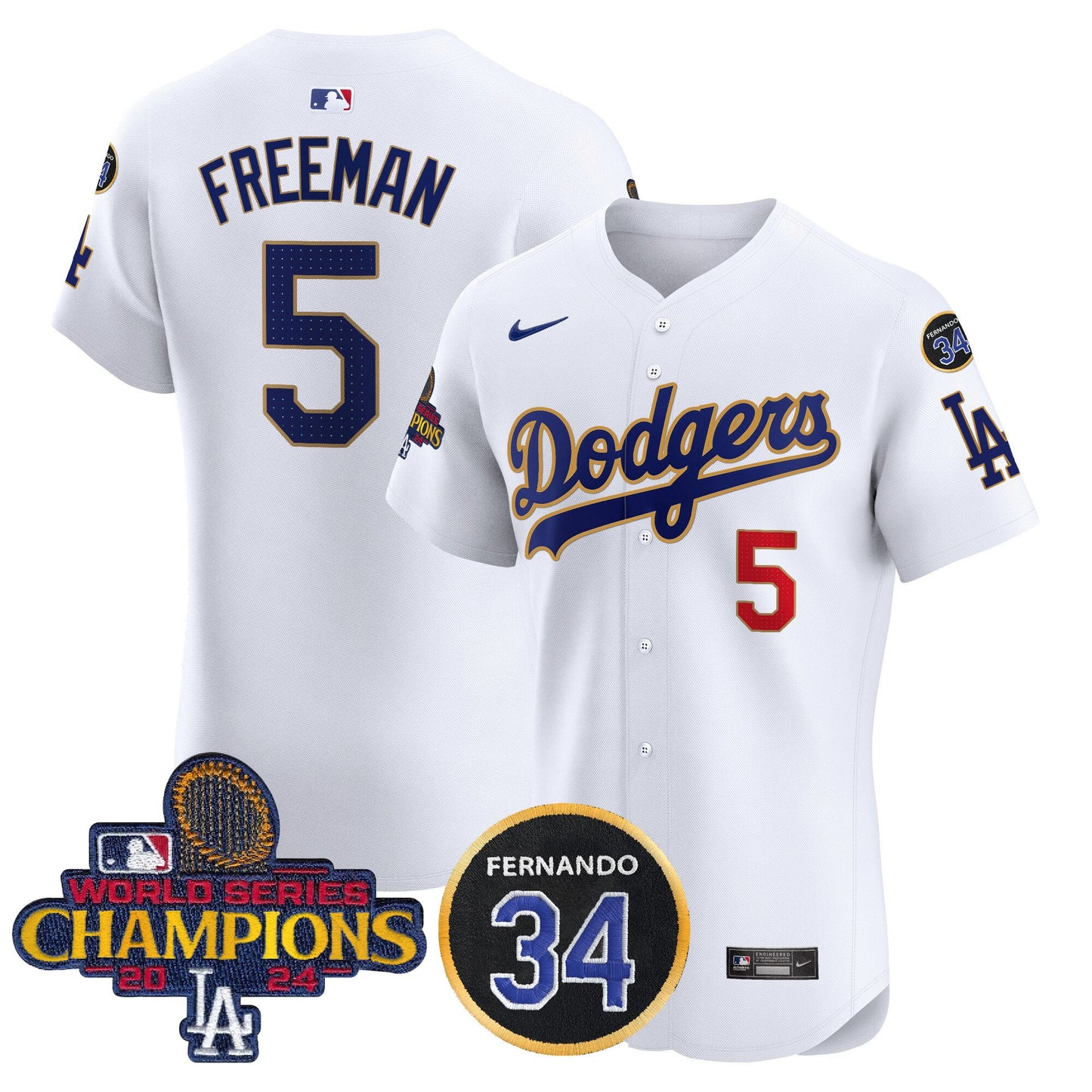 Dodgers 2024 World Series Champions Gold Trim Vapor Premier Elite Jersey V2 - All Stitched