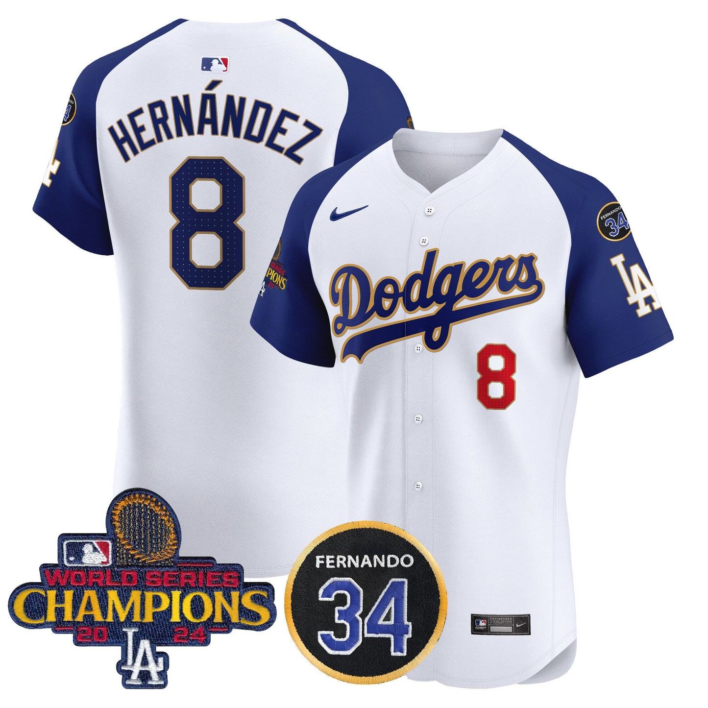 Dodgers 2024 World Series Champions Gold Trim Vapor Premier Elite Jersey V2 - All Stitched