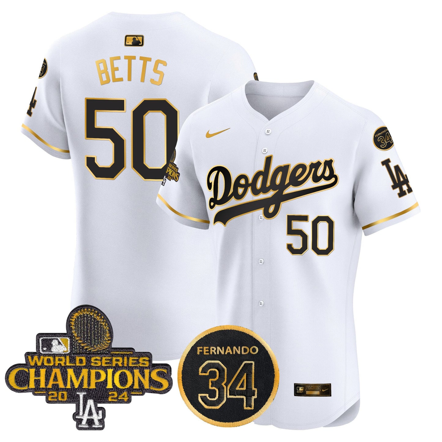 Dodgers 2024 World Series Champions Gold Trim Vapor Premier Elite Jersey V2 - All Stitched