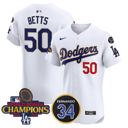 Dodgers 2024 World Series Champions Gold Trim Vapor Premier Elite Jersey V2 - All Stitched