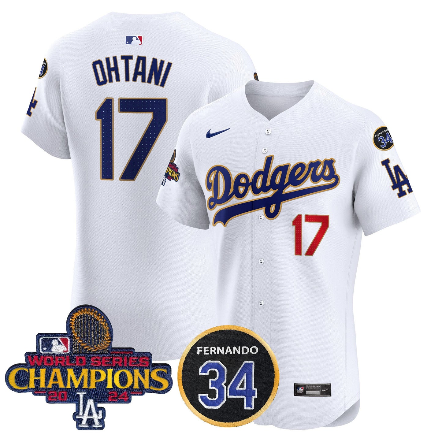 Dodgers 2024 World Series Champions Gold Trim Vapor Premier Elite Jersey V2 - All Stitched