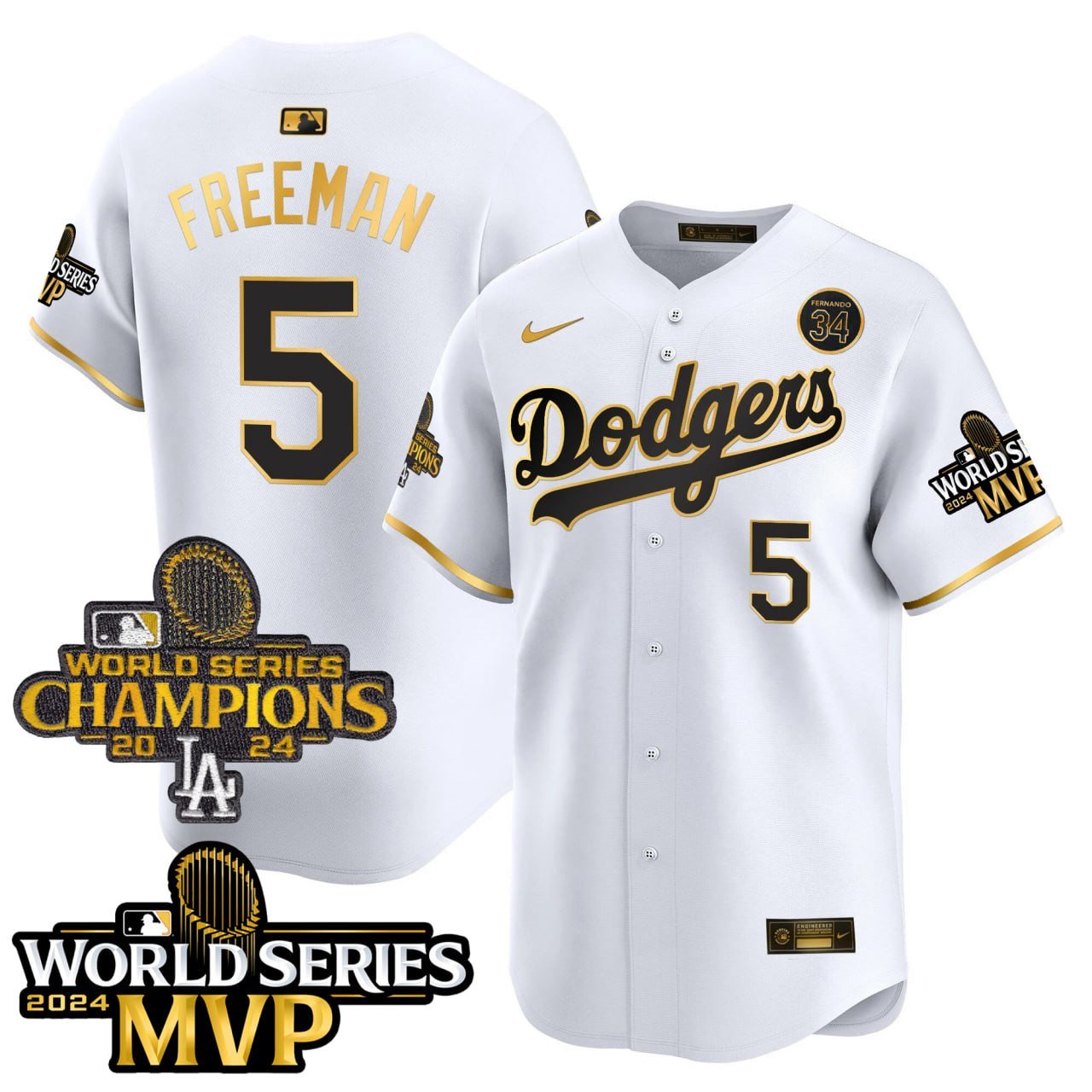 Freddie Freeman World Series Champions MVP Patch White Gold Jersey - All Stitched