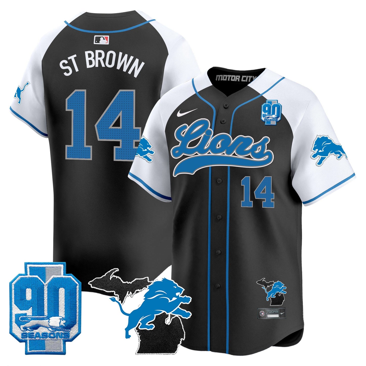 Detroit Lions 2024 Michigan & 90th Season Patch Baseball Jersey - All Stitched