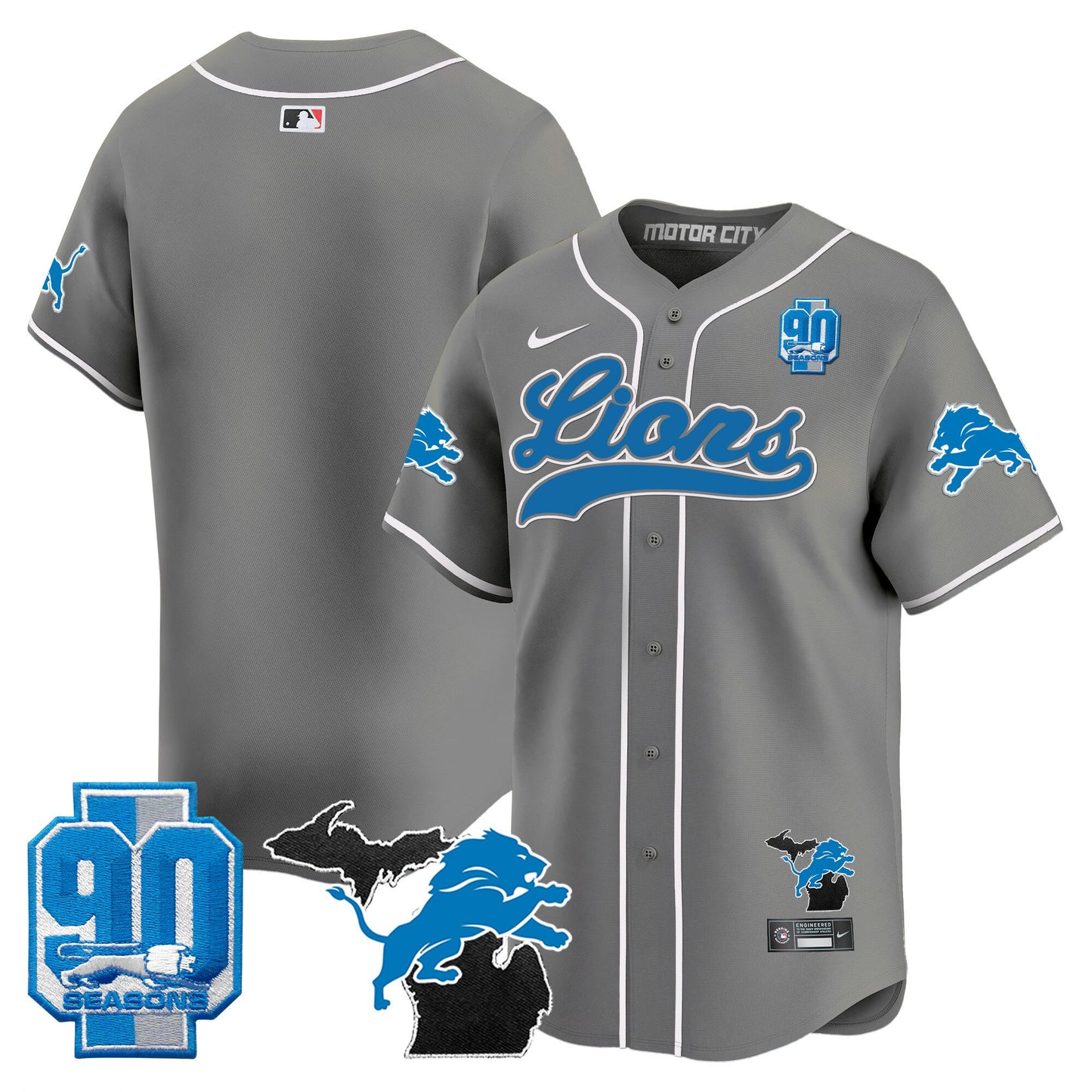 Detroit Lions 2024 Michigan & 90th Season Patch Baseball Jersey - All Stitched