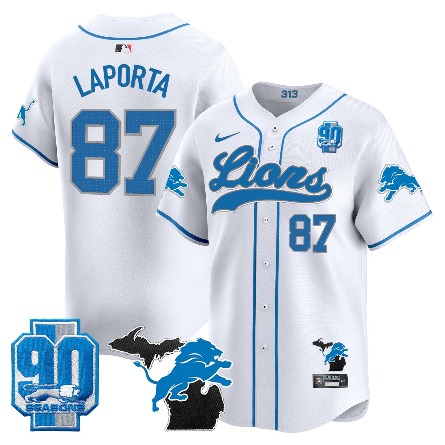 Detroit Lions 2024 Michigan & 90th Season Patch Baseball Jersey - All Stitched