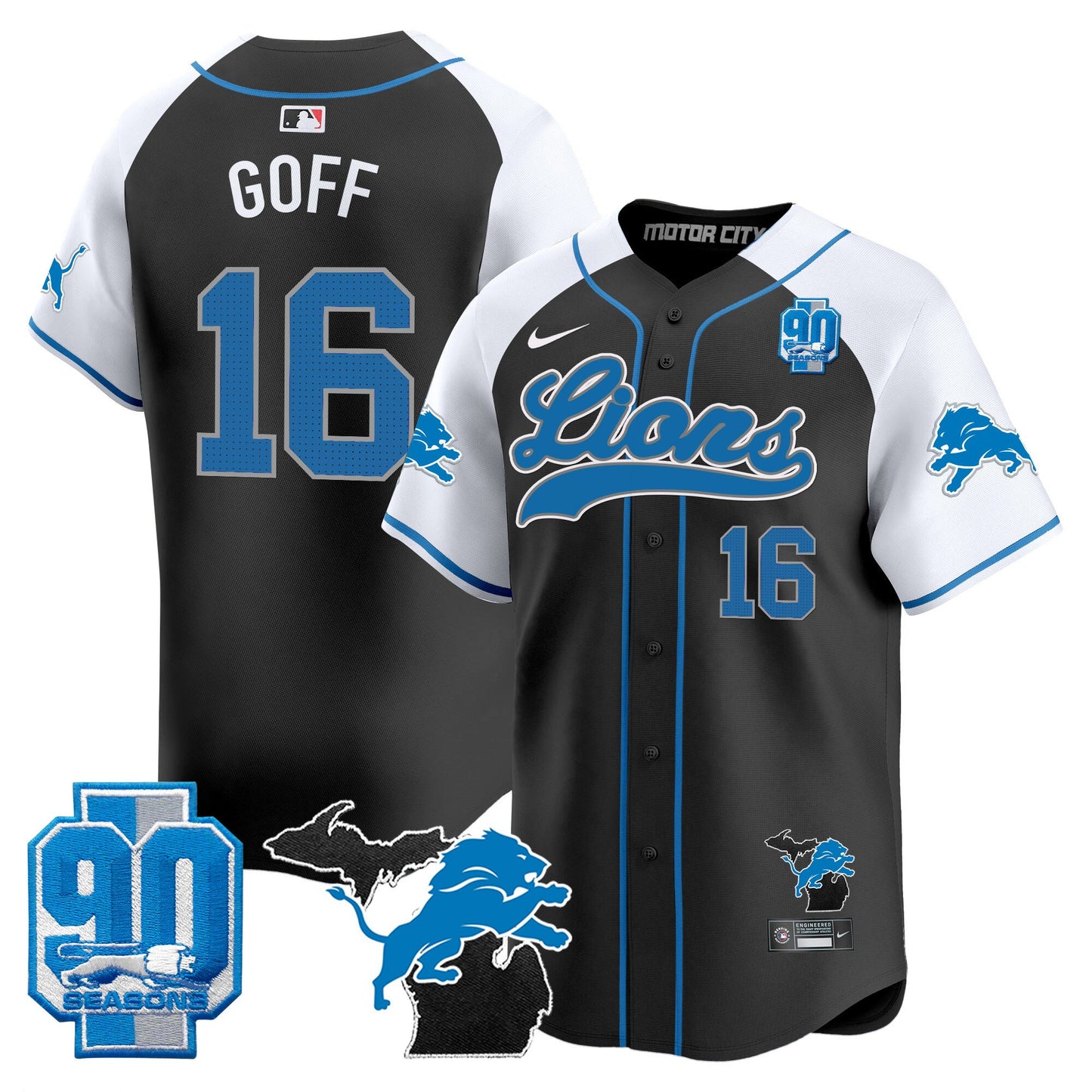 Detroit Lions 2024 Michigan & 90th Season Patch Baseball Jersey - All Stitched