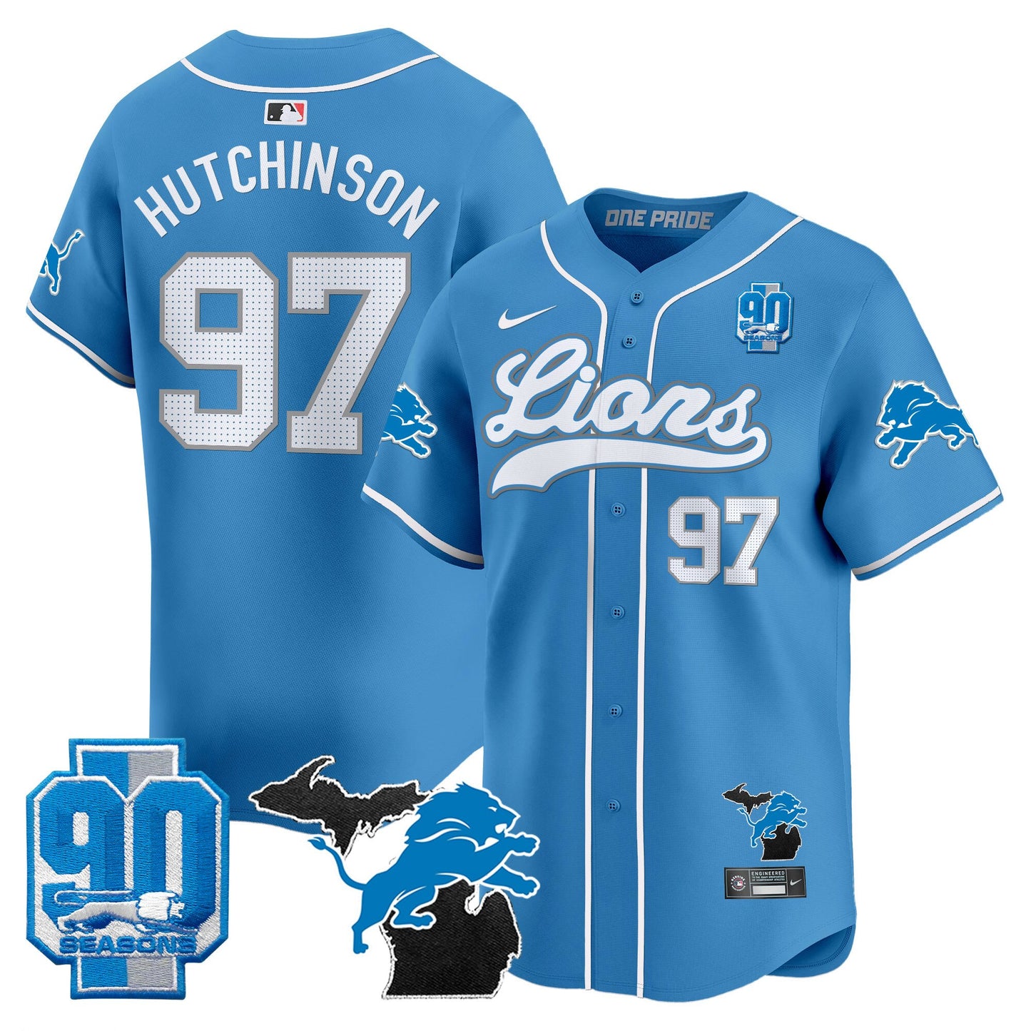 Detroit Lions 2024 Michigan & 90th Season Patch Baseball Jersey - All Stitched