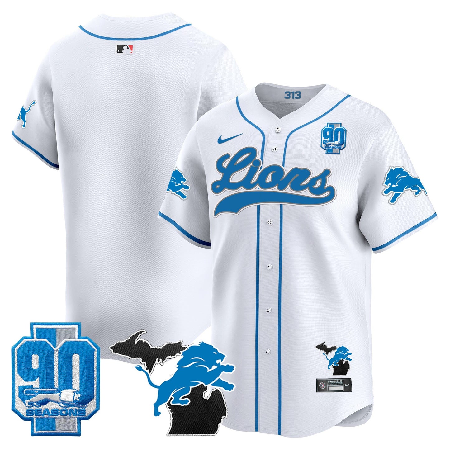 Detroit Lions 2024 Michigan & 90th Season Patch Baseball Jersey - All Stitched