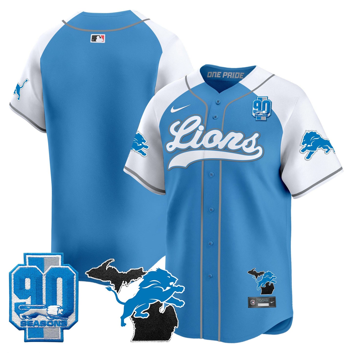 Detroit Lions 2024 Michigan & 90th Season Patch Baseball Jersey - All Stitched