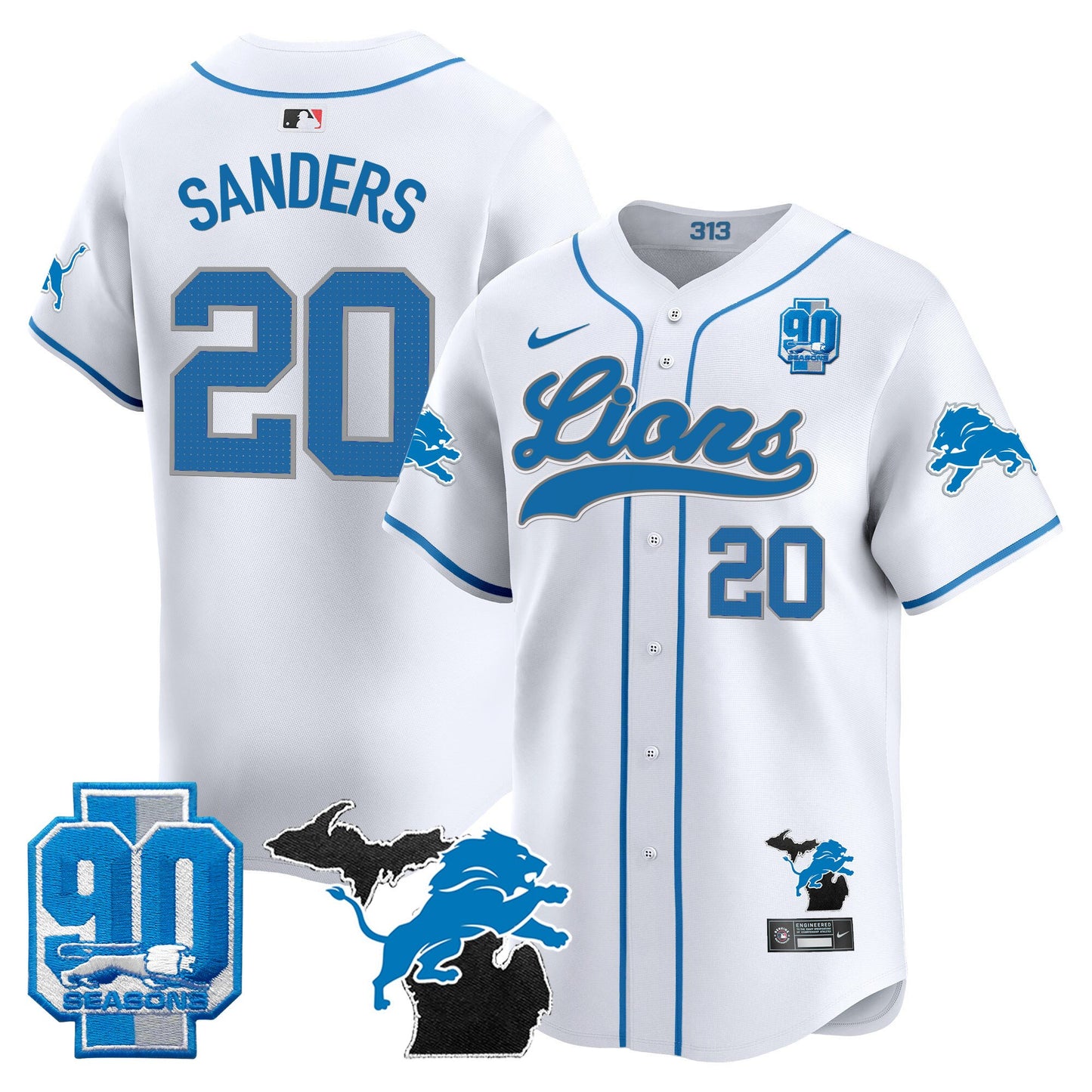 Detroit Lions 2024 Michigan & 90th Season Patch Baseball Jersey - All Stitched