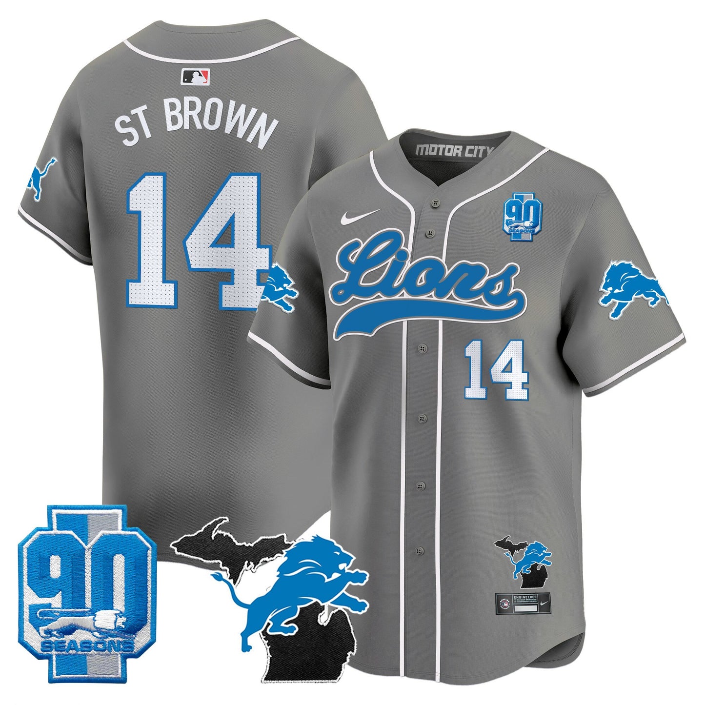 Detroit Lions 2024 Michigan & 90th Season Patch Baseball Jersey - All Stitched