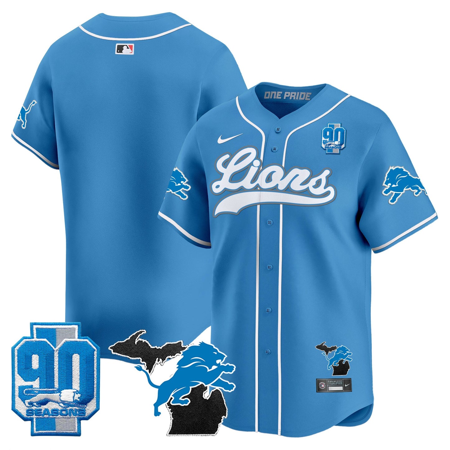 Detroit Lions 2024 Michigan & 90th Season Patch Baseball Jersey - All Stitched