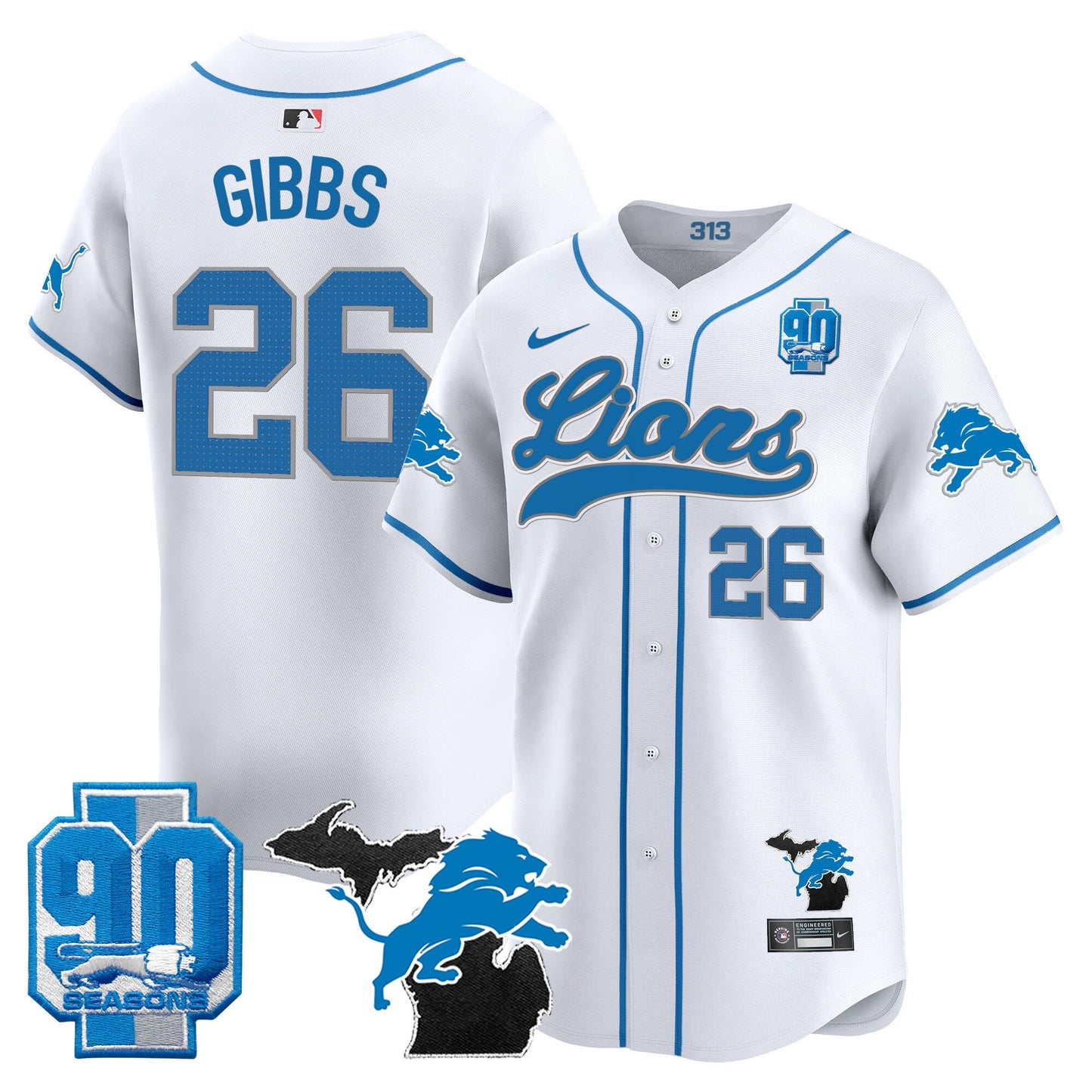 Detroit Lions 2024 Michigan & 90th Season Patch Baseball Jersey - All Stitched