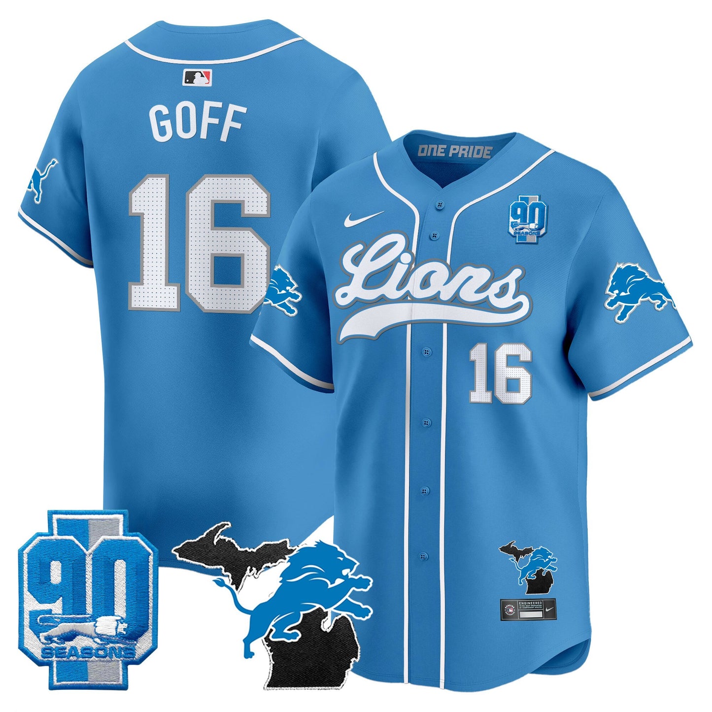 Detroit Lions 2024 Michigan & 90th Season Patch Baseball Jersey - All Stitched