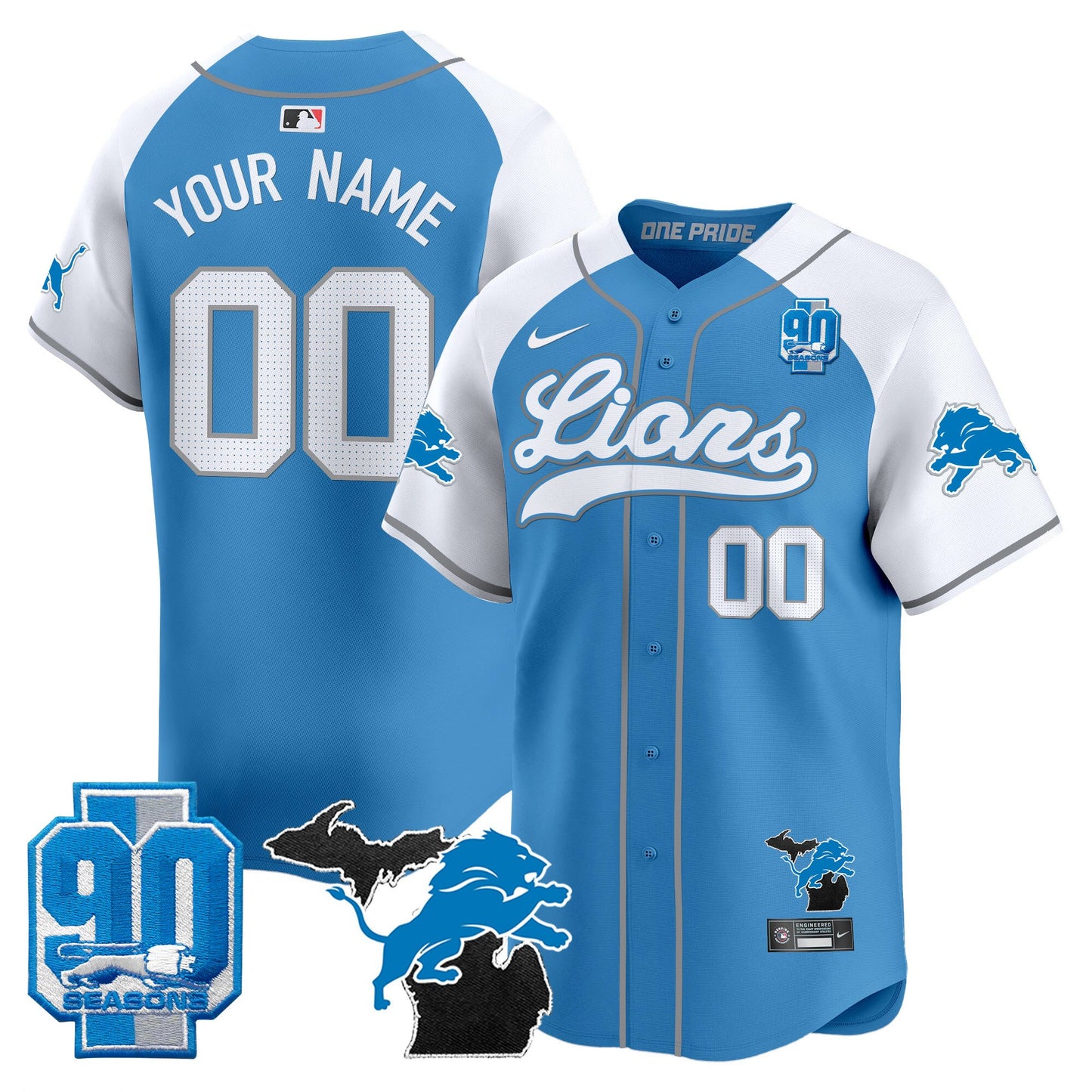 Detroit Lions 2024 Michigan & 90th Season Patch Baseball Custom Jersey - All Stitched